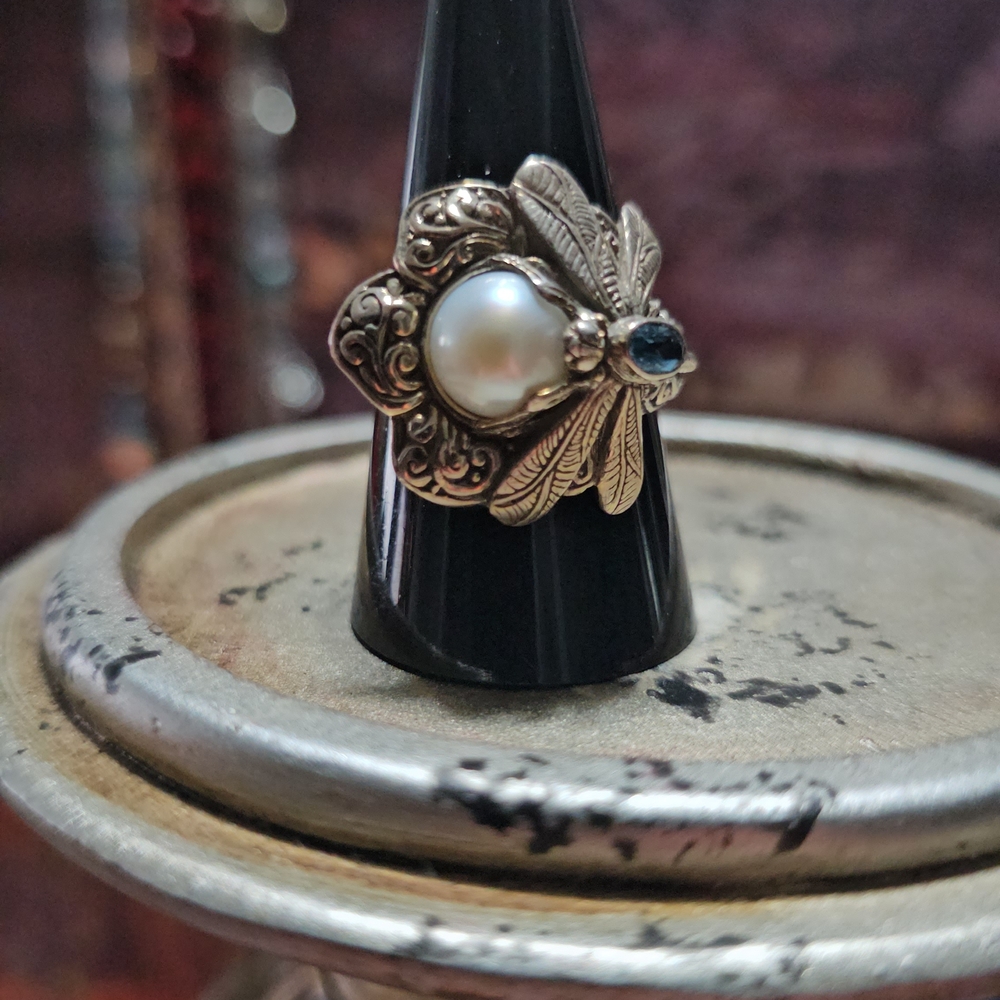 Sterling Bee Pearl Ring with Blue Accent - Women